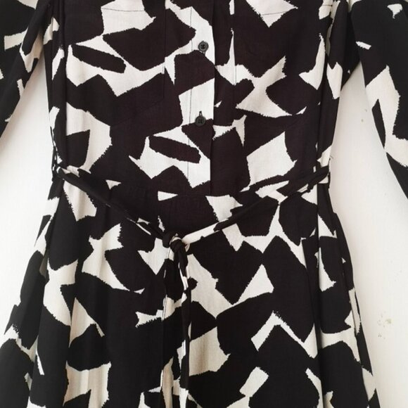 ZARA Black & White Abstract Print Midi Crepe-Like Shirt Dress | Belted, Size XXL - Picture 4 of 12